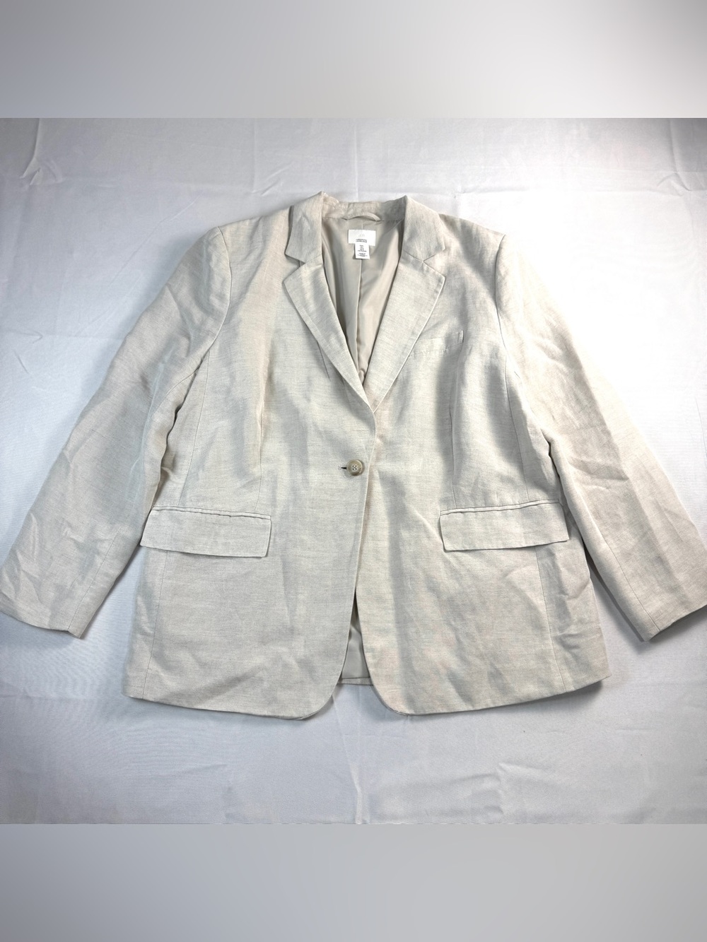 H&M Linen Blend Blazer Women’s L Beige Oatmeal Single Button Lightweight - Picture 2 of 12
